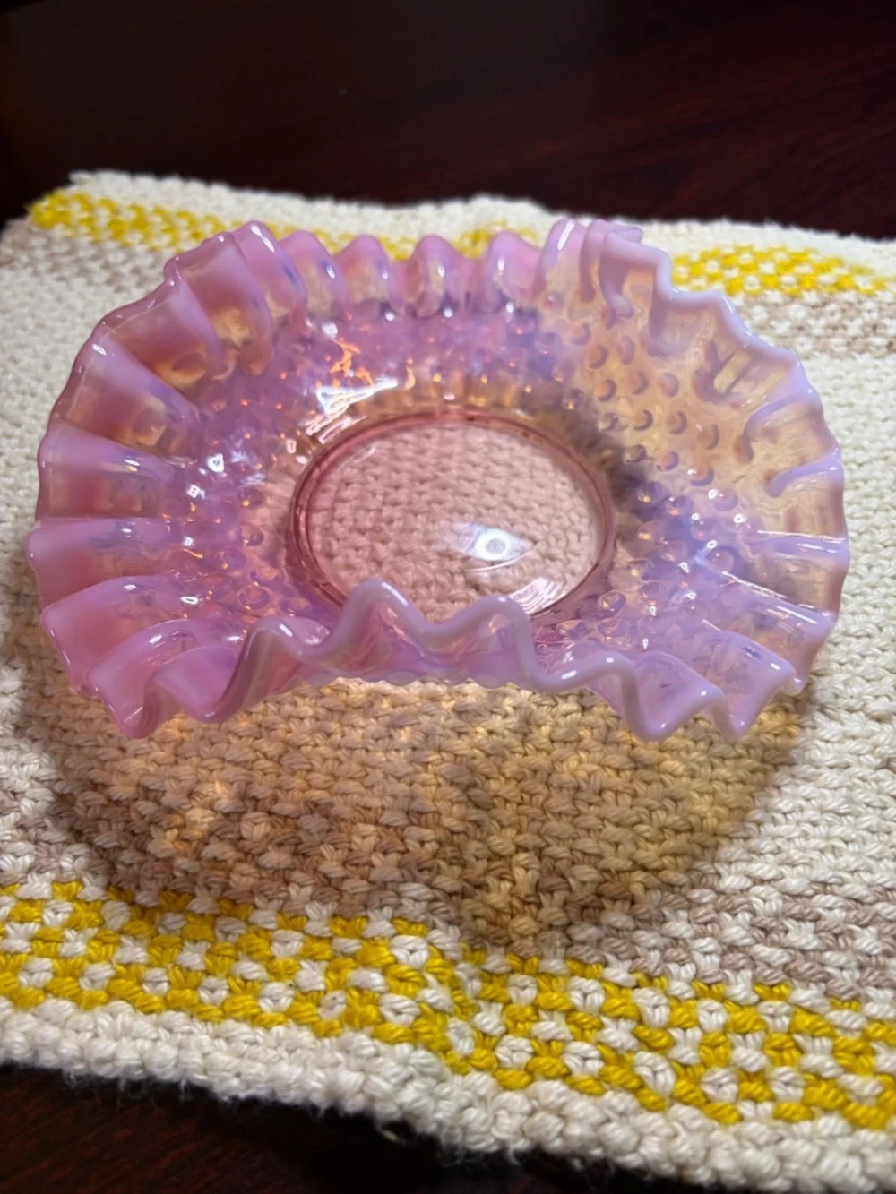 Vintage MCM (1940-69) Fenton Art Cranberry Opalescent Hobnail Ruffled Dish